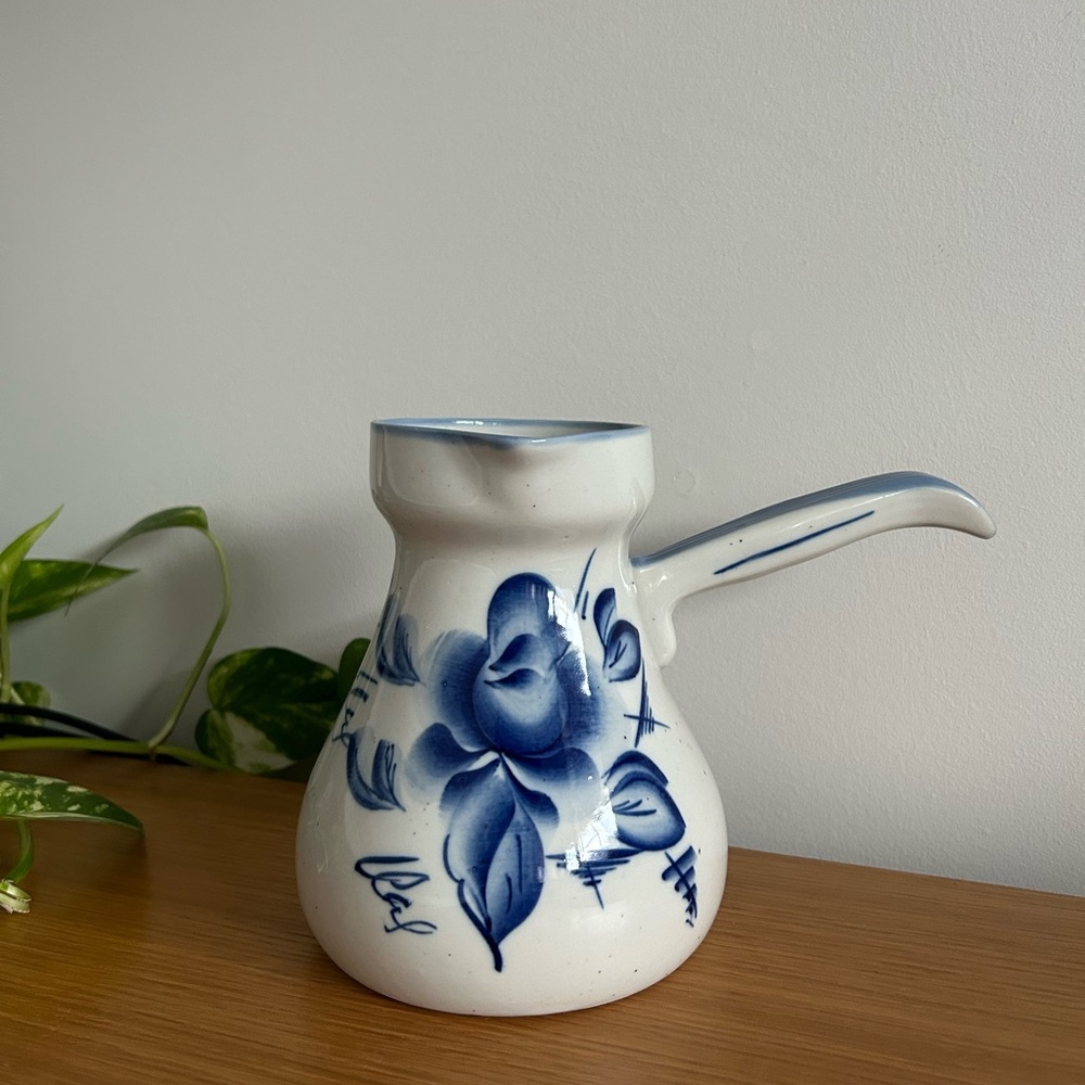Vintage Russian Style Blue Floral Ceramic Pitcher